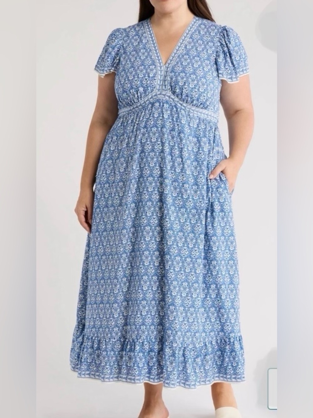 Max Studio plus size 3X Blue Floral V Neck, Maxi Dress, NEW